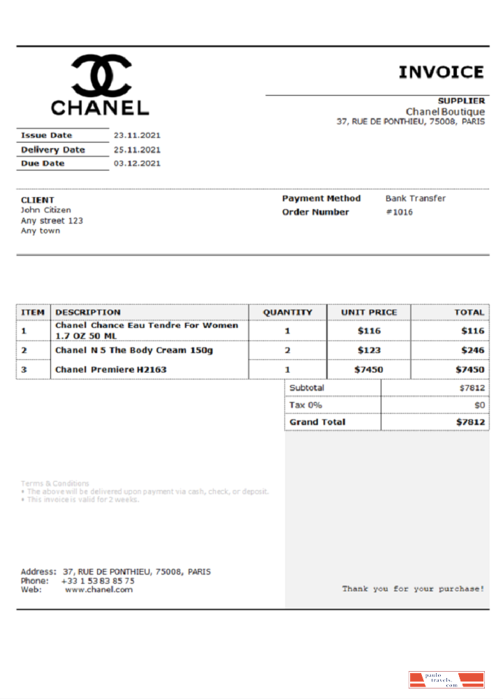USA Chanel invoice PSD template
